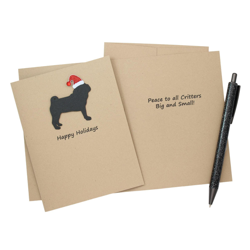 Pug Christmas Cards Pack of 10 | Handmade Black Dog Silhouette Holiday | Sparkly Santa Hat Pet Notecards Kraft Brown