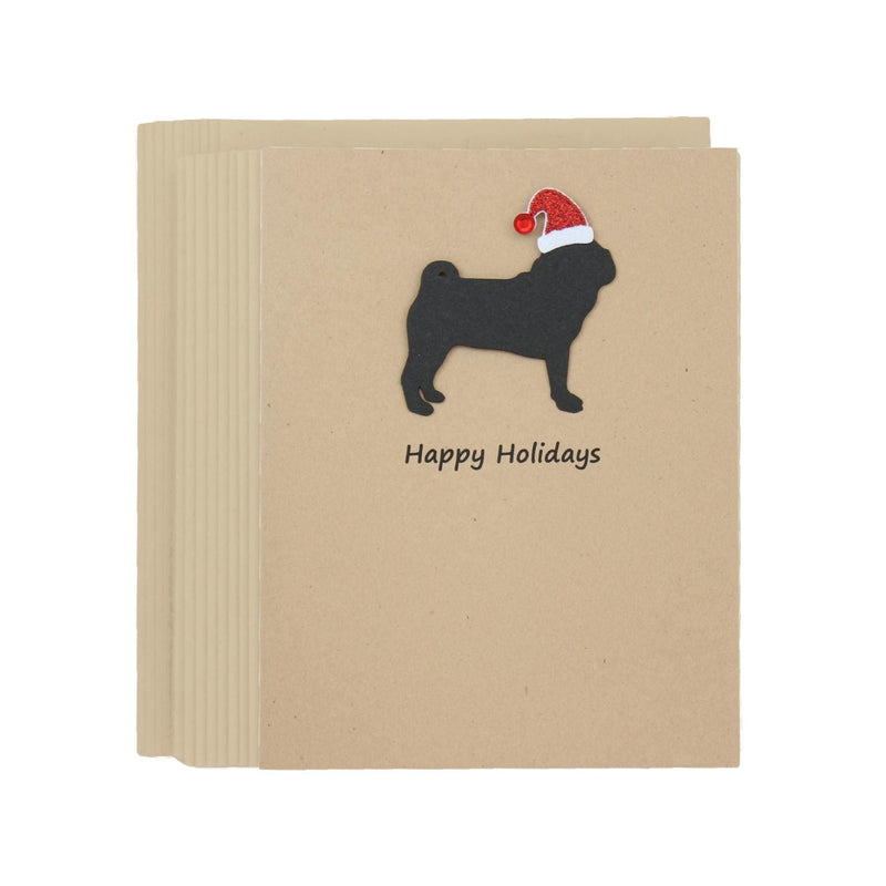 Pug Christmas Cards Pack of 10 | Handmade Black Dog Silhouette Holiday | Sparkly Santa Hat Pet Notecards Kraft Brown