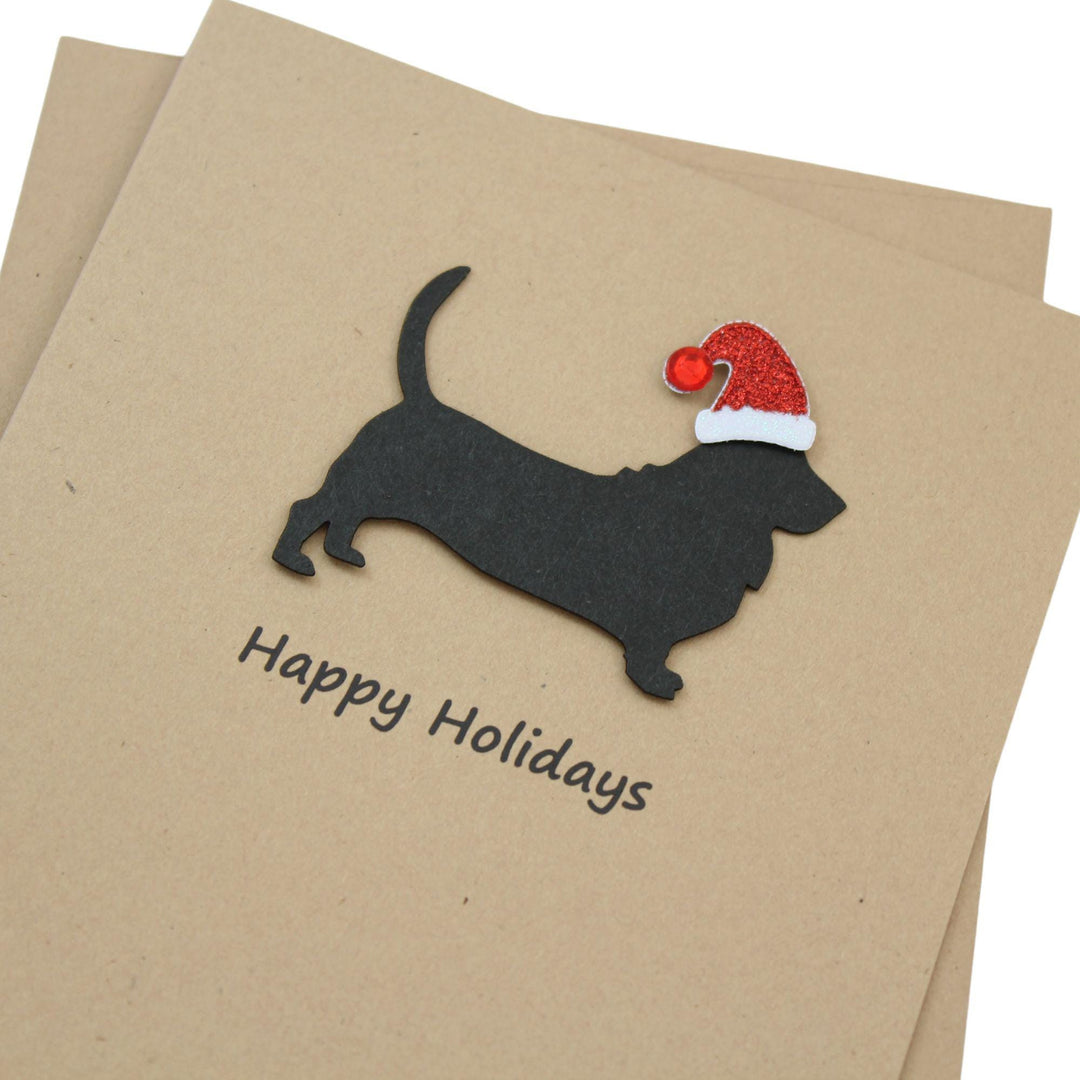 Basset Hound Christmas Cards Pack of 10 | Handmade Black Dog Silhouette Holiday | Sparkly Santa Hat Pet Notecards Kraft Brown