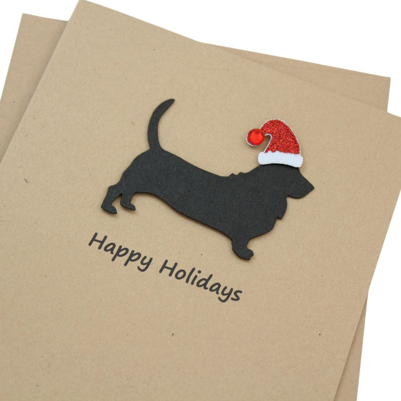 Basset Hound Christmas Cards Pack of 10 | Handmade Black Dog Silhouette Holiday | Sparkly Santa Hat Pet Notecards Kraft Brown