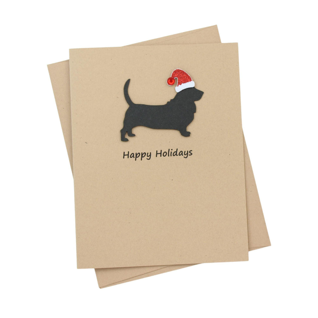 Basset Hound Christmas Cards Pack of 10 | Handmade Black Dog Silhouette Holiday | Sparkly Santa Hat Pet Notecards Kraft Brown