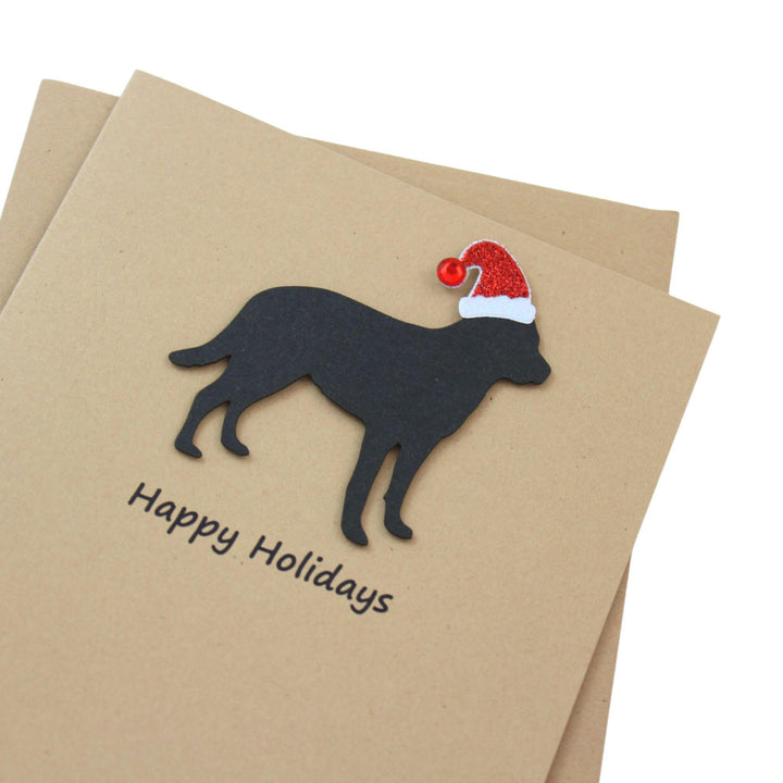 Mastiff Christmas Cards Pack of 10 | Handmade Black Dog Silhouette Holiday | Sparkly Santa Hat Pet Notecards Kraft Brown