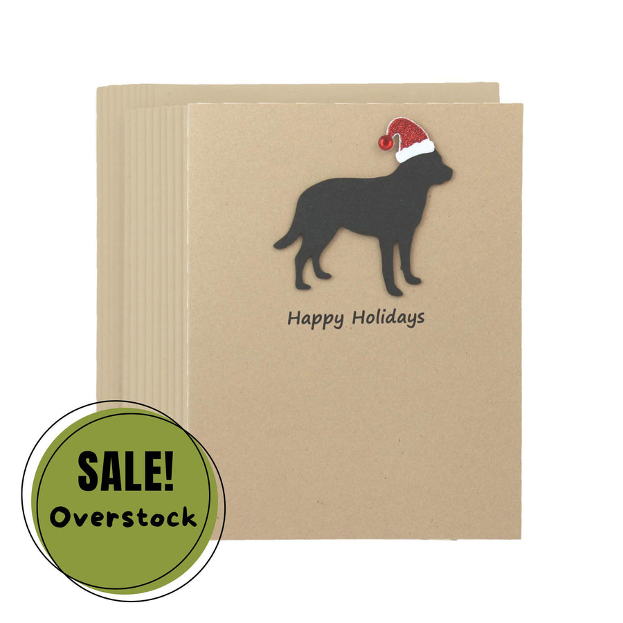 Mastiff Christmas Cards Pack of 10 | Handmade Black Dog Silhouette Holiday | Sparkly Santa Hat Pet Notecards Kraft Brown