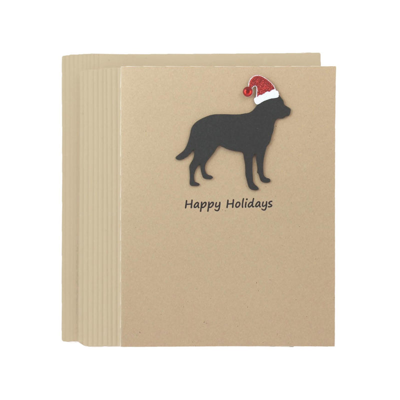 Mastiff Christmas Cards Pack of 10 | Handmade Black Dog Silhouette Holiday | Sparkly Santa Hat Pet Notecards Kraft Brown