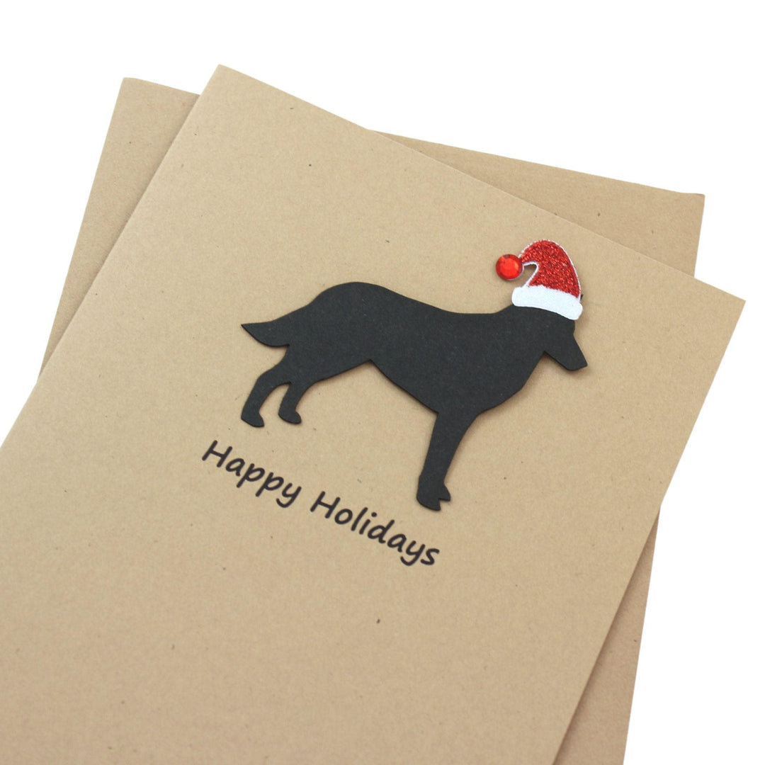 Belgian Malinois Christmas Cards Pack of 10 | Handmade Black Dog Silhouette Holiday | Sparkly Santa Hat Pet Notecards Kraft Brown