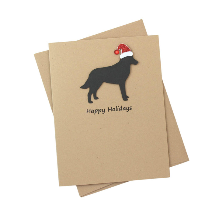 Belgian Malinois Christmas Cards Pack of 10 | Handmade Black Dog Silhouette Holiday | Sparkly Santa Hat Pet Notecards Kraft Brown