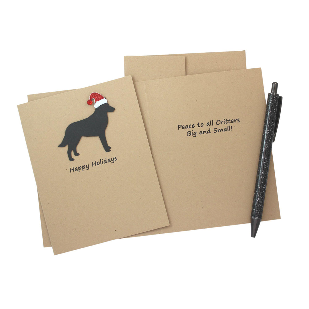 Belgian Malinois Christmas Cards Pack of 10 | Handmade Black Dog Silhouette Holiday | Sparkly Santa Hat Pet Notecards Kraft Brown