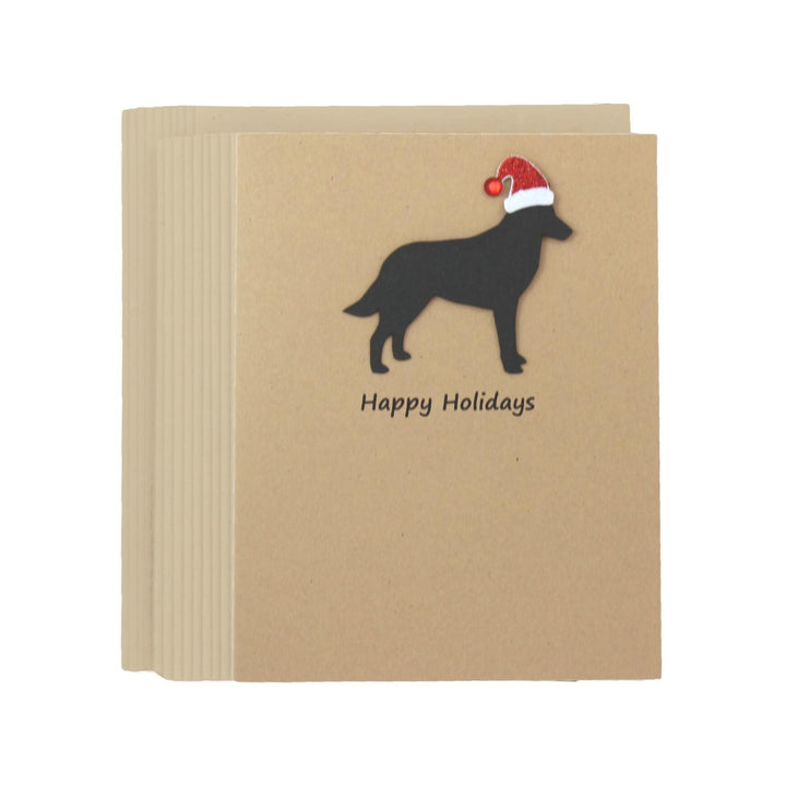 Belgian Malinois Christmas Cards Pack of 10 | Handmade Black Dog Silhouette Holiday | Sparkly Santa Hat Pet Notecards Kraft Brown