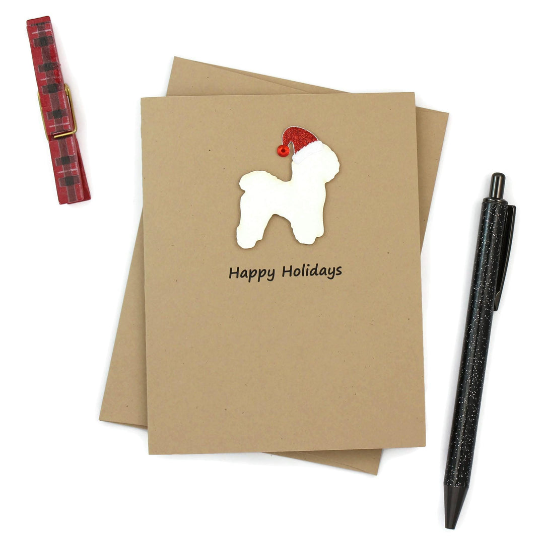 Bichon Frise Christmas Cards Pack of 10 | Handmade White Dog Silhouette Holiday | Sparkly Santa Hat Pet Notecards Kraft Brown