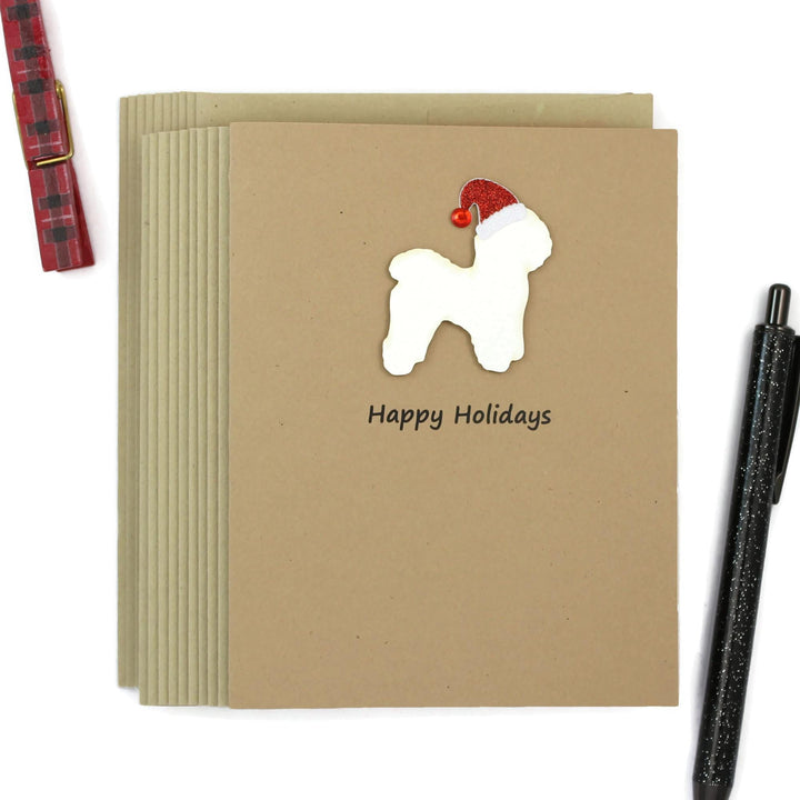 Bichon Frise Christmas Cards Pack of 10 | Handmade White Dog Silhouette Holiday | Sparkly Santa Hat Pet Notecards Kraft Brown