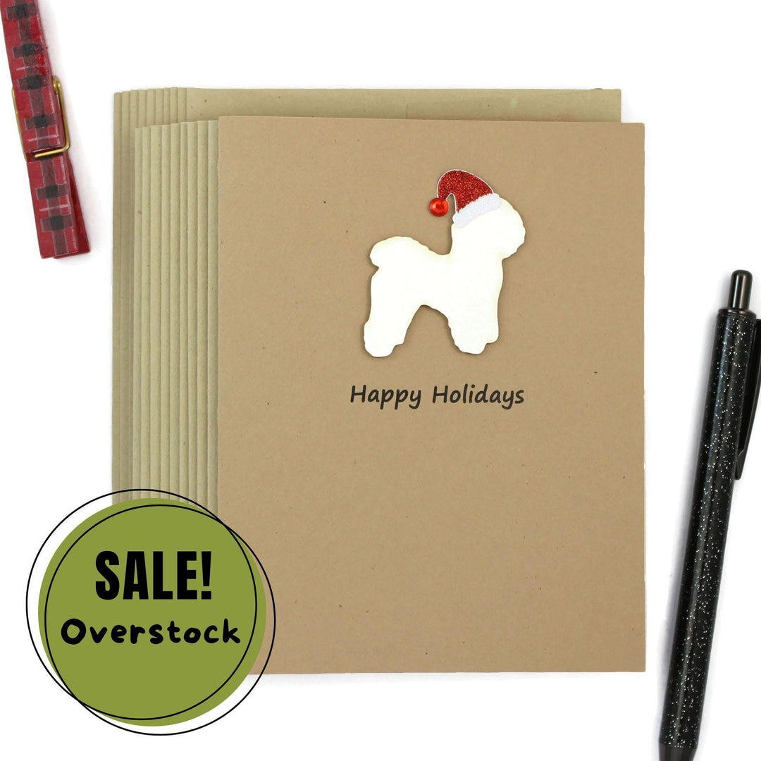 Bichon Frise Christmas Cards Pack of 10 | Handmade White Dog Silhouette Holiday | Sparkly Santa Hat Pet Notecards Kraft Brown