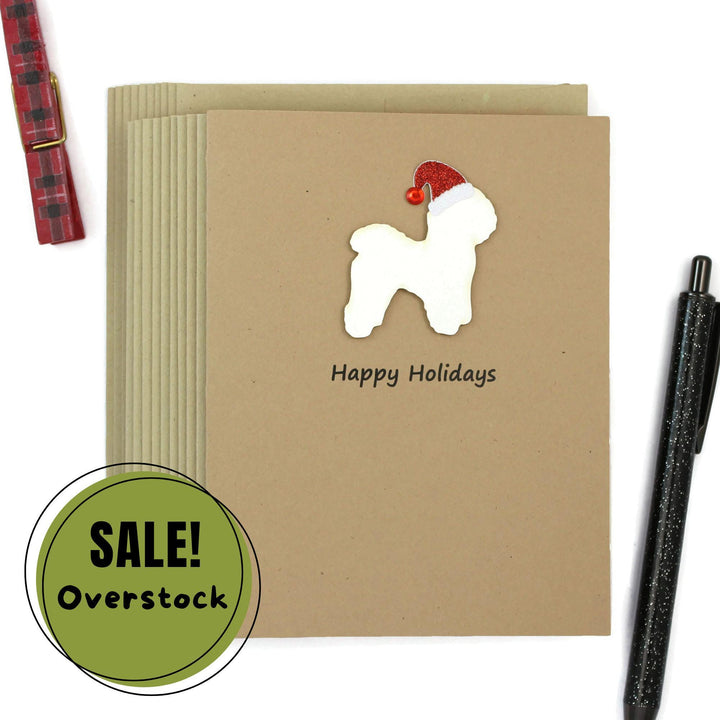 Bichon Frise Christmas Cards Pack of 10 | Handmade White Dog Silhouette Holiday | Sparkly Santa Hat Pet Notecards Kraft Brown