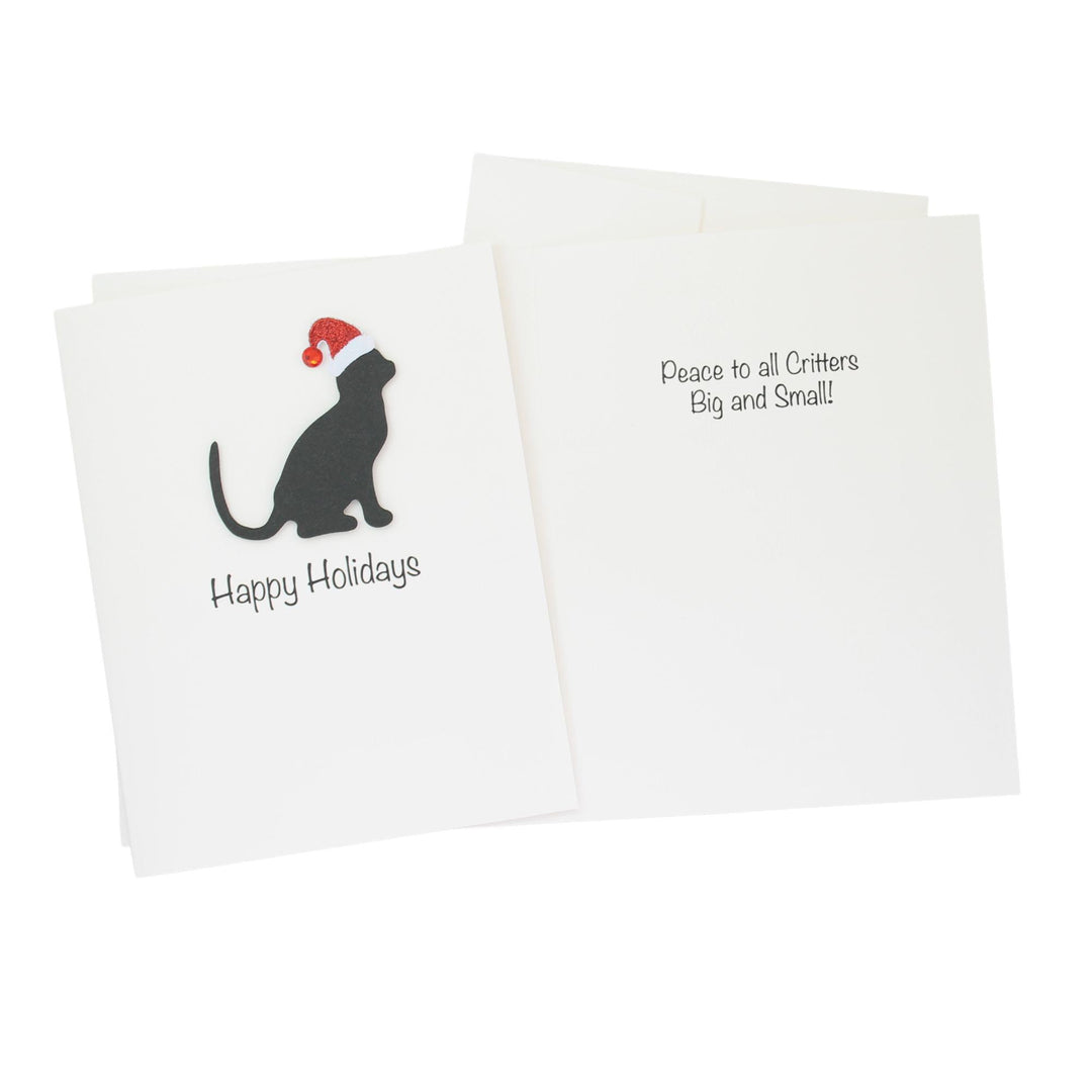 Black Cat Christmas Cards Pack of 10 White Base | Handmade Kitty Holiday Notecard Set | Sparkly Santa Hat Pet Greeting with Envelopes