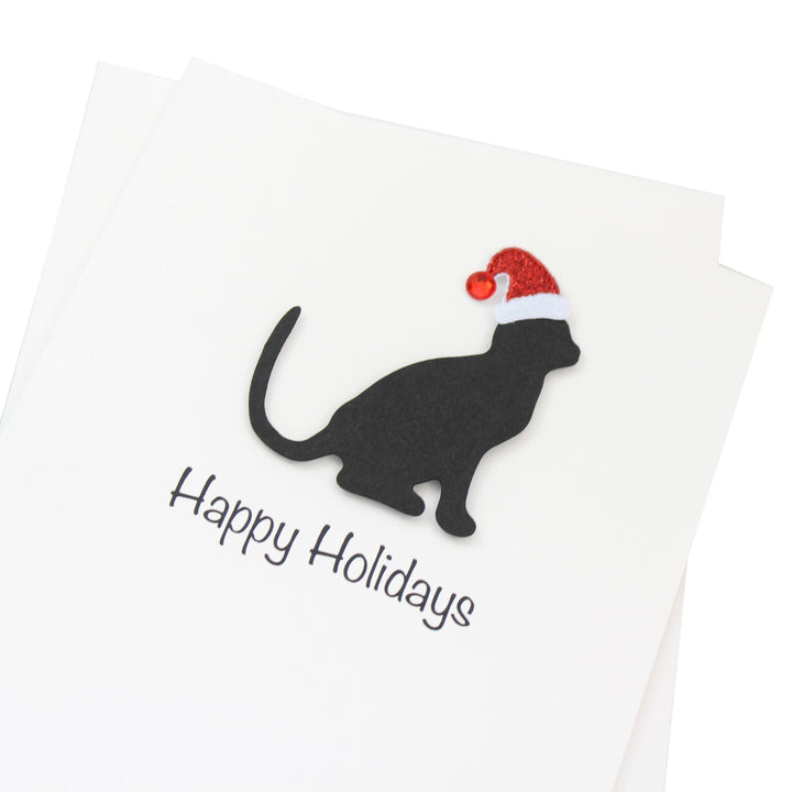 Black Cat Christmas Cards Pack of 10 White Base | Handmade Kitty Holiday Notecard Set | Sparkly Santa Hat Pet Greeting with Envelopes