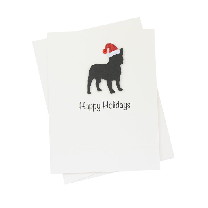 Black French Bulldog Frenchie Christmas Cards Pack of 10 White Base | Handmade Dog Holiday Notecard Set | Sparkly Santa Hat Greeting