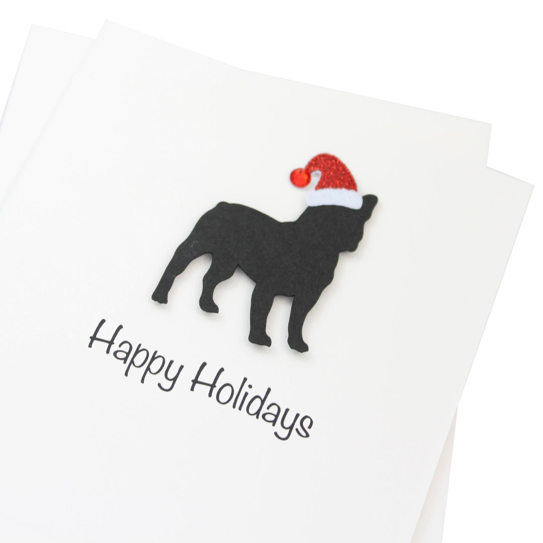 Black French Bulldog Frenchie Christmas Cards Pack of 10 White Base | Handmade Dog Holiday Notecard Set | Sparkly Santa Hat Greeting