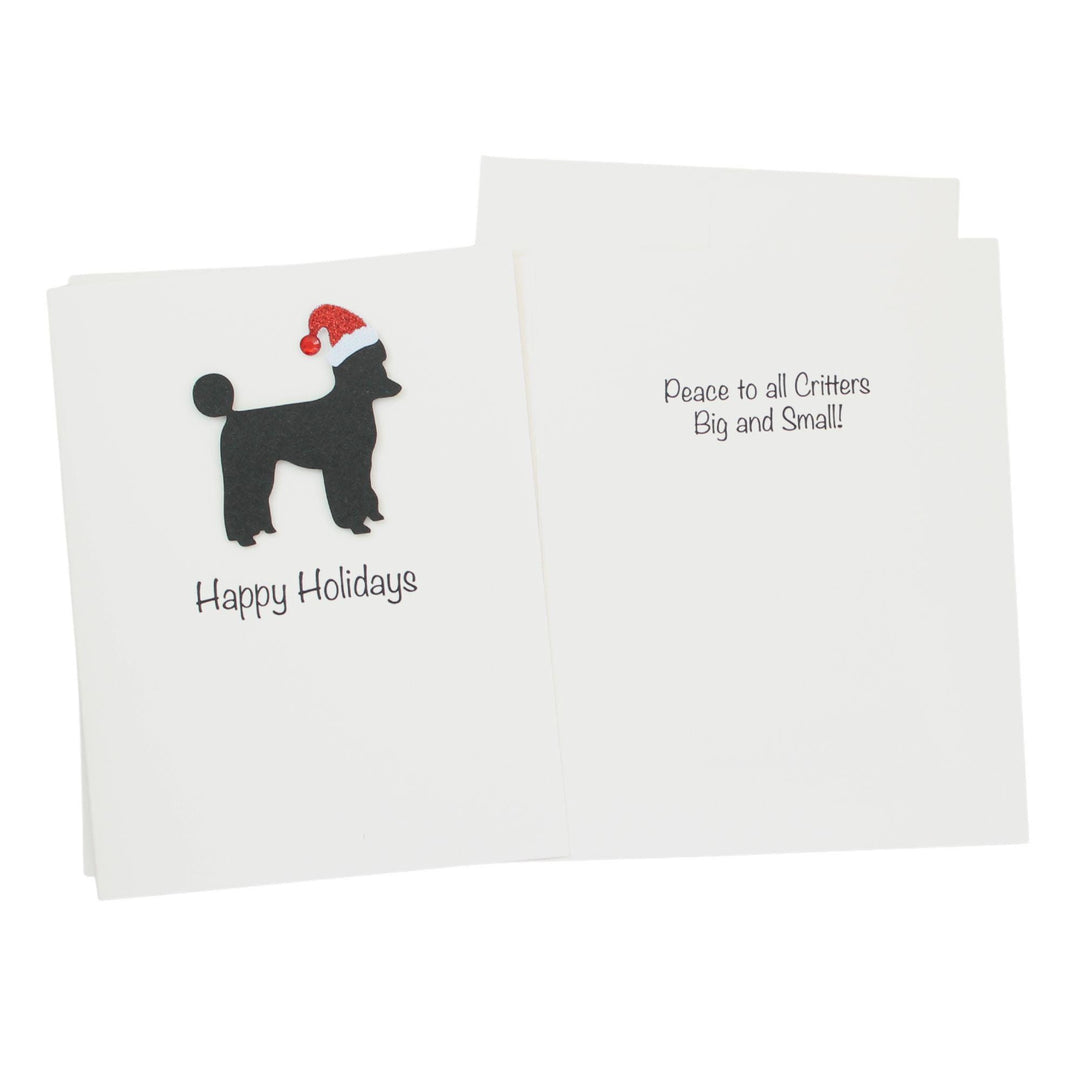 Black Poodle Sporting Clip Christmas Cards Pack of 10 White Base | Handmade Dog Holiday Notecard Set | Sparkly Santa Hat Greeting