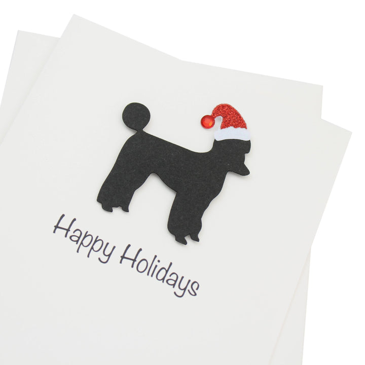 Black Poodle Sporting Clip Christmas Cards Pack of 10 White Base | Handmade Dog Holiday Notecard Set | Sparkly Santa Hat Greeting