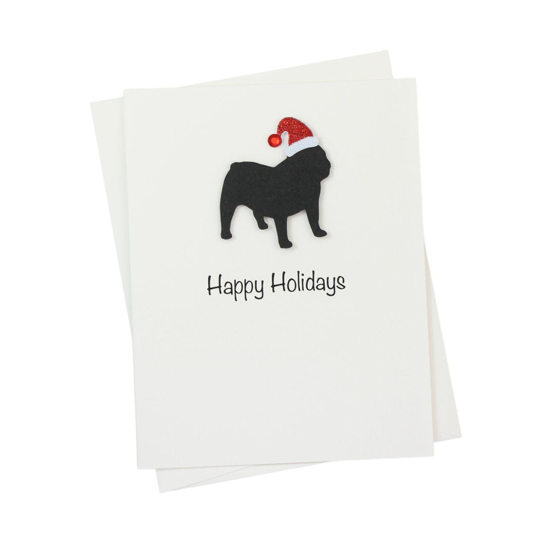 Bulldog English Christmas Cards Pack of 10 White Base | Handmade Dog Holiday Notecard Set | Sparkly Santa Hat Greeting Boxed Set