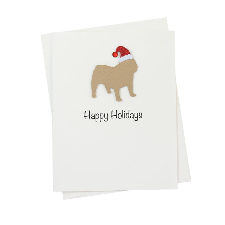 Bulldog English Christmas Cards Pack of 10 White Base | Handmade Dog Holiday Notecard Set | Sparkly Santa Hat Greeting Boxed Set