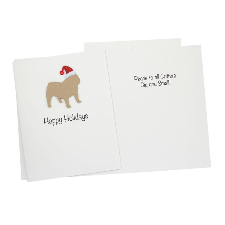 Bulldog English Christmas Cards Pack of 10 White Base | Handmade Dog Holiday Notecard Set | Sparkly Santa Hat Greeting Boxed Set