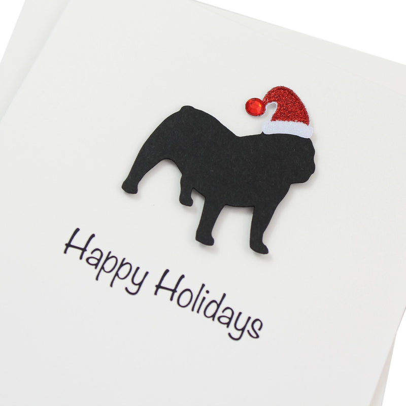 Bulldog English Christmas Cards Pack of 10 White Base | Handmade Dog Holiday Notecard Set | Sparkly Santa Hat Greeting Boxed Set