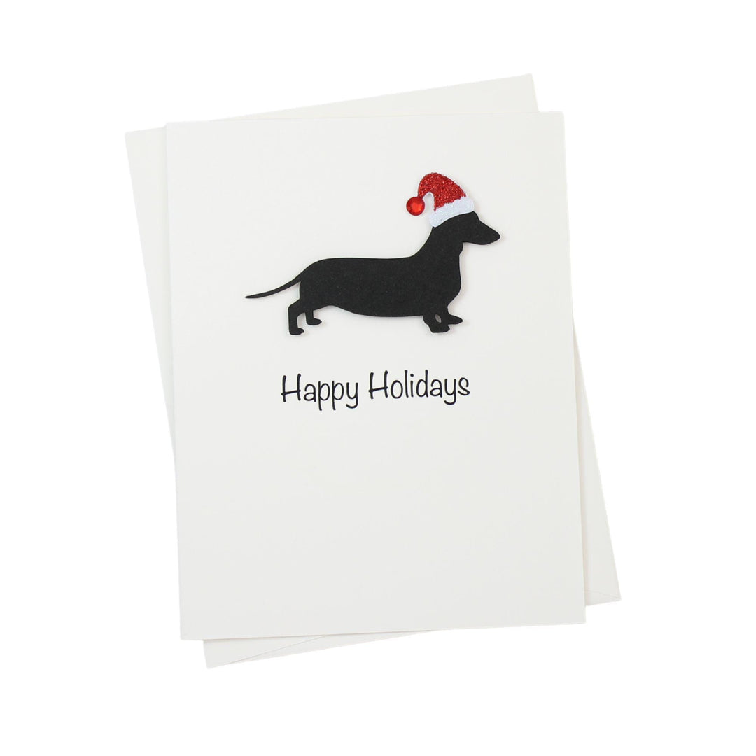 Black Smooth Dachshund Sporting Clip Christmas Cards Pack of 10 White Base | Handmade Dog Holiday Notecard Set | Sparkly Santa Hat Greeting