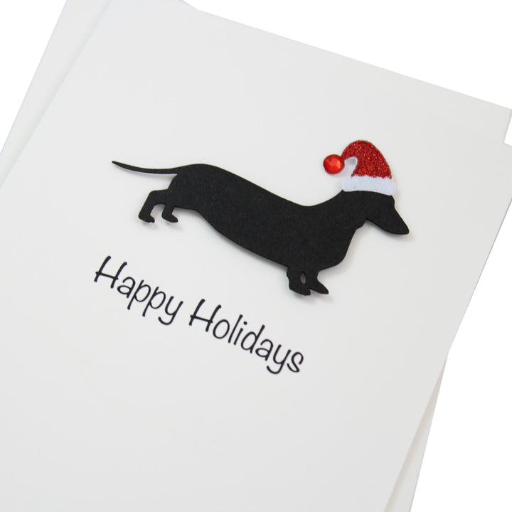 Black Smooth Dachshund Sporting Clip Christmas Cards Pack of 10 White Base | Handmade Dog Holiday Notecard Set | Sparkly Santa Hat Greeting