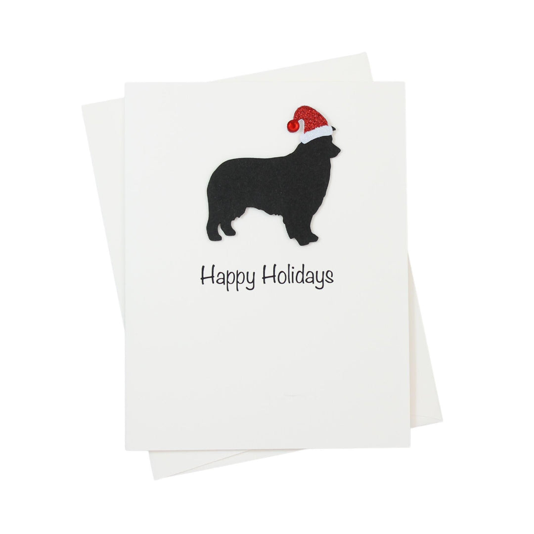 Black Australian Shepherd Christmas Cards Pack of 10 White Base | Handmade Dog Holiday Notecard Set | Sparkly Santa Hat Greeting