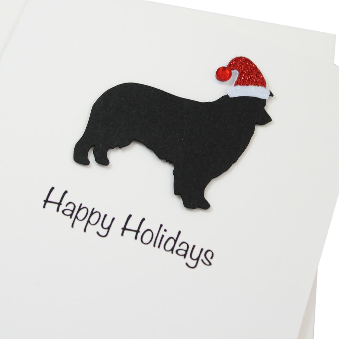 Black Australian Shepherd Christmas Cards Pack of 10 White Base | Handmade Dog Holiday Notecard Set | Sparkly Santa Hat Greeting