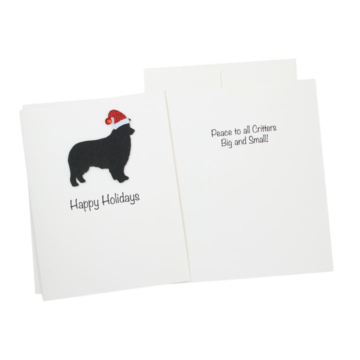 Black Australian Shepherd Christmas Cards Pack of 10 White Base | Handmade Dog Holiday Notecard Set | Sparkly Santa Hat Greeting