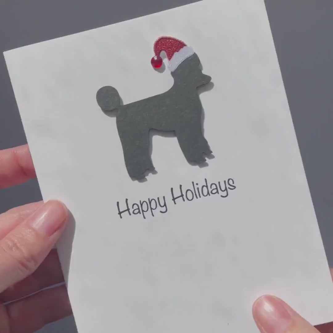 Black Poodle Sporting Clip Christmas Cards Pack of 10 White Base | Handmade Dog Holiday Notecard Set | Sparkly Santa Hat Greeting