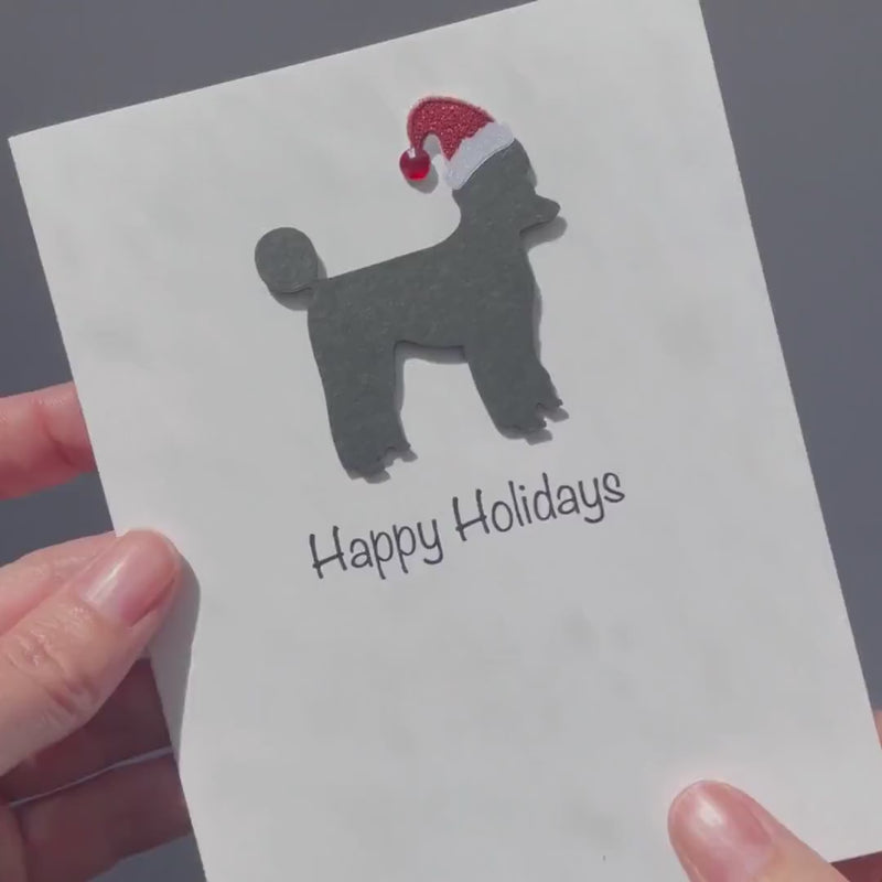 Black Poodle Sporting Clip Christmas Cards Pack of 10 White Base | Handmade Dog Holiday Notecard Set | Sparkly Santa Hat Greeting