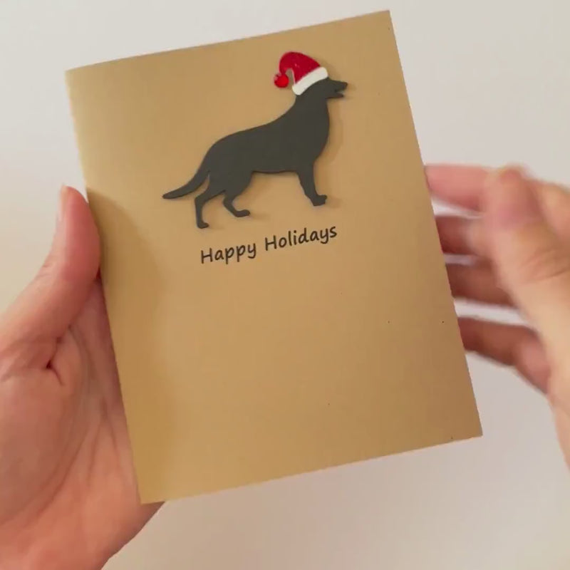 German Shepherd Dog Christmas Cards Pack of 10 | GSD Holiday Notecards | Black Dog Greeting with Santa hat | Kraft Brown with Envelopes