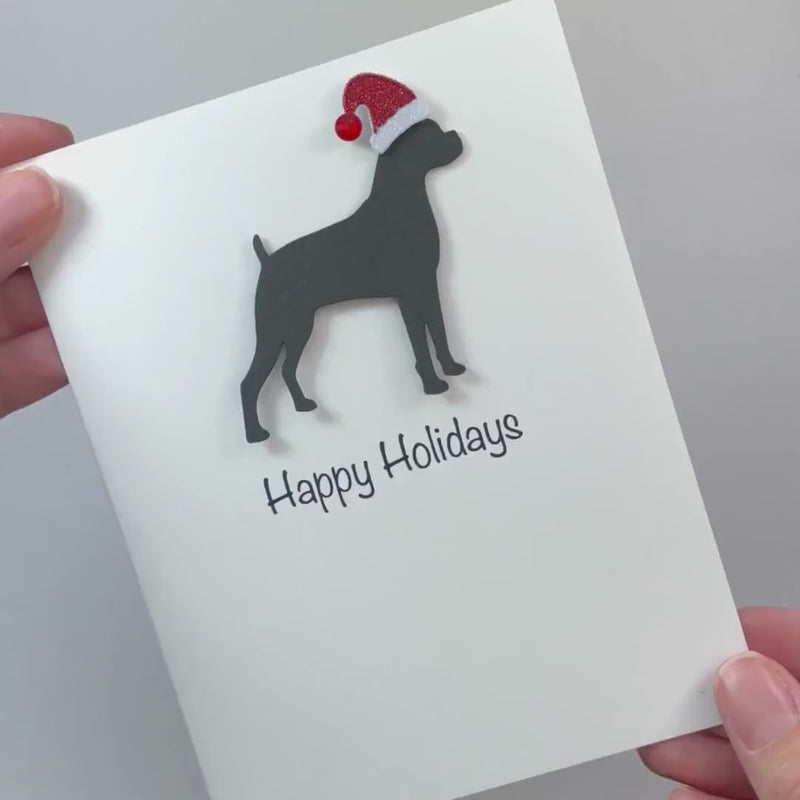 Boxer Christmas Cards Pack of 10 White Base | Handmade Dog Holiday Notecard Set | Sparkly Santa Hat Greeting Boxed Set Greeting Stationary