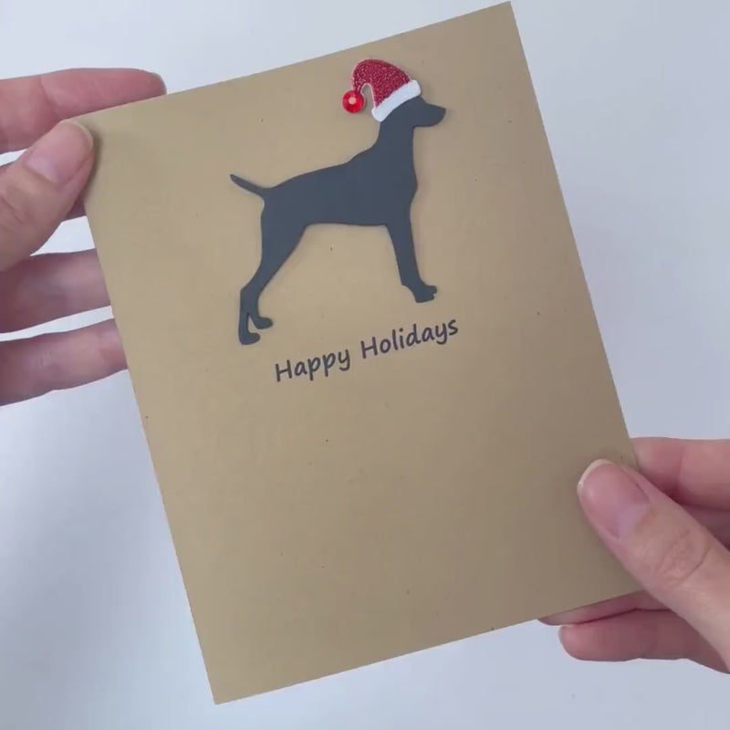 Vizsla Christmas Cards Pack of 10 | Handmade Black Dog Silhouette Holiday | Sparkly Santa Hat Pet Notecards Kraft Brown