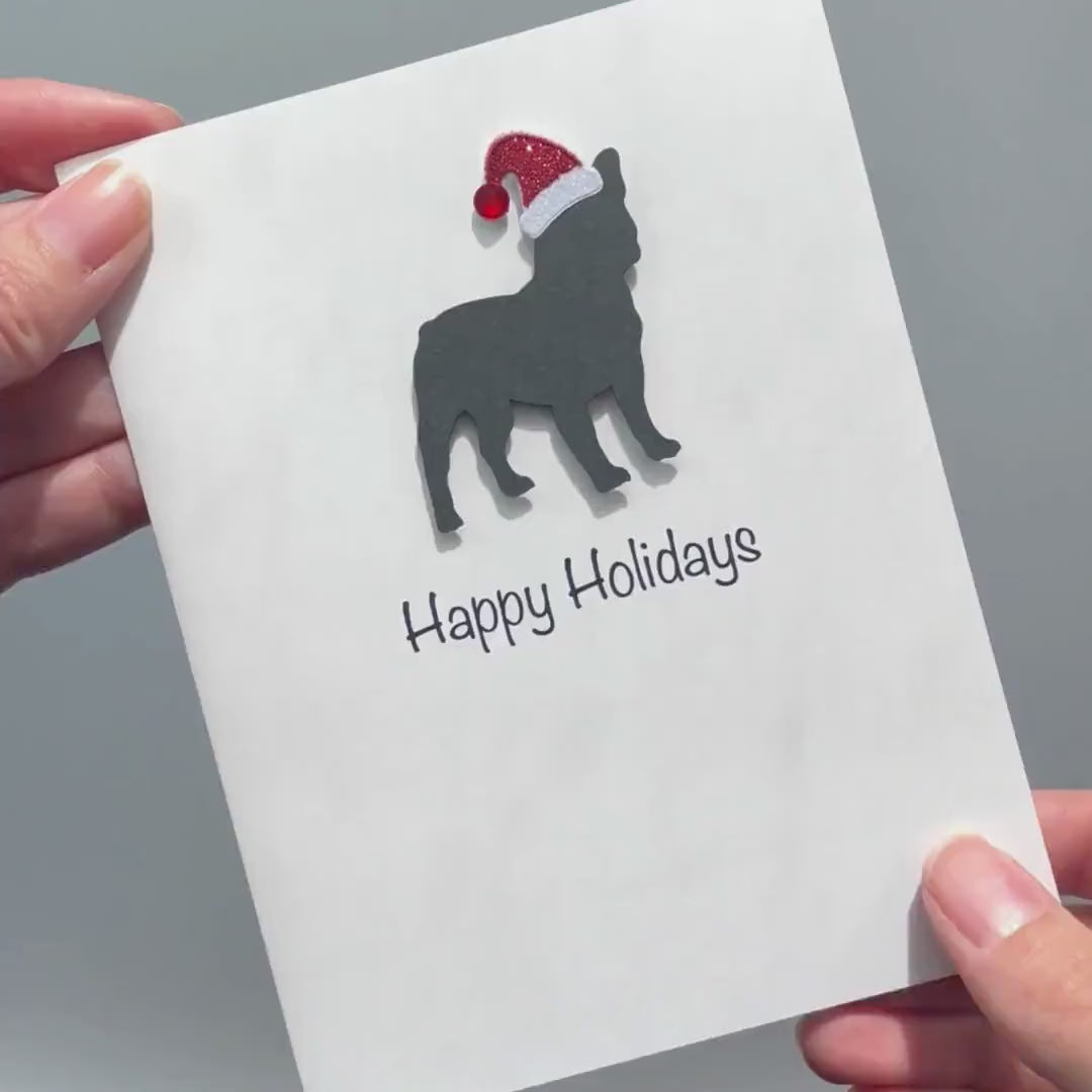 Black French Bulldog Frenchie Christmas Cards Pack of 10 White Base | Handmade Dog Holiday Notecard Set | Sparkly Santa Hat Greeting