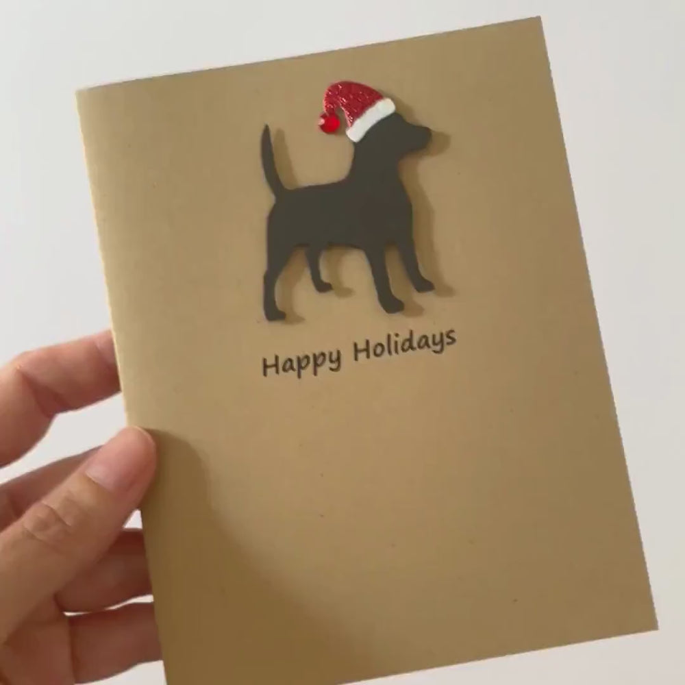 Beagle Christmas Greeting Cards Pack of 10 | Handmade Black Dog Holiday Boxed Set | Sparkly Santa Hat Pet Notecards Kraft Brown Envelopes