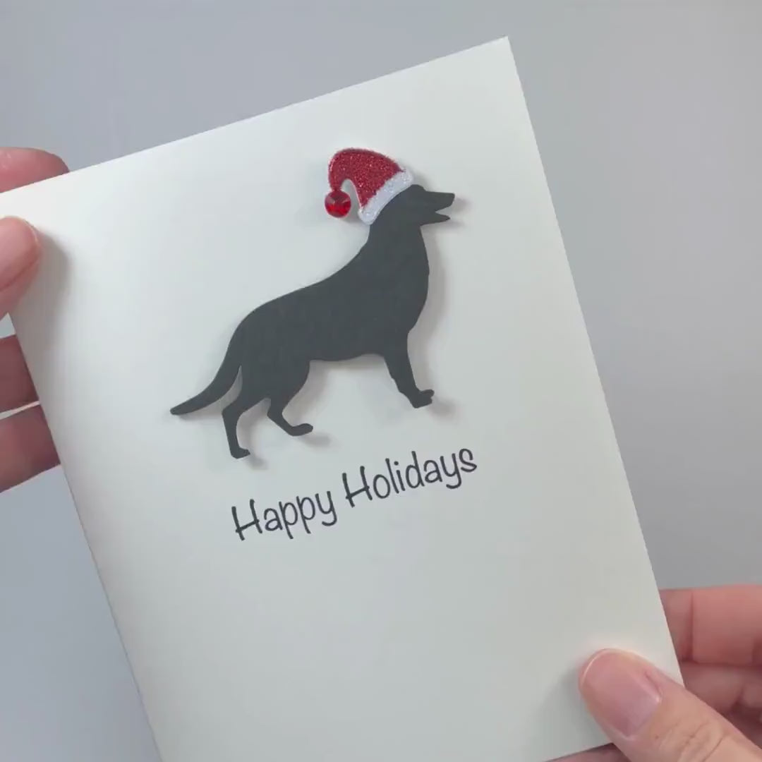 German Shepherd Christmas Cards Pack of 10 White Base | Handmade Dog Holiday Notecard Set | Sparkly Santa Hat Greeting Boxed Set