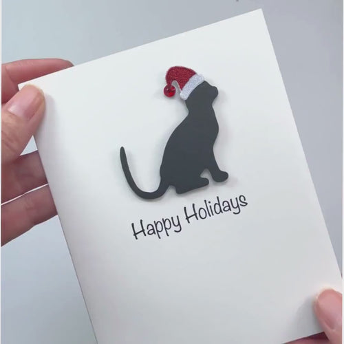 Black Cat Christmas Cards Pack of 10 White Base | Handmade Kitty Holiday Notecard Set | Sparkly Santa Hat Pet Greeting with Envelopes