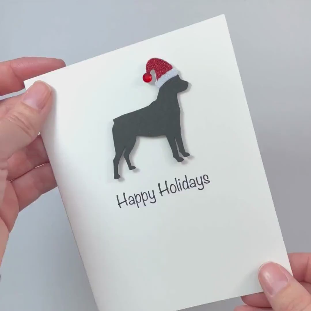 Black Rottweiler Sporting Clip Christmas Cards Pack of 10 White Base | Handmade Dog Holiday Notecard Set | Sparkly Santa Hat Greeting