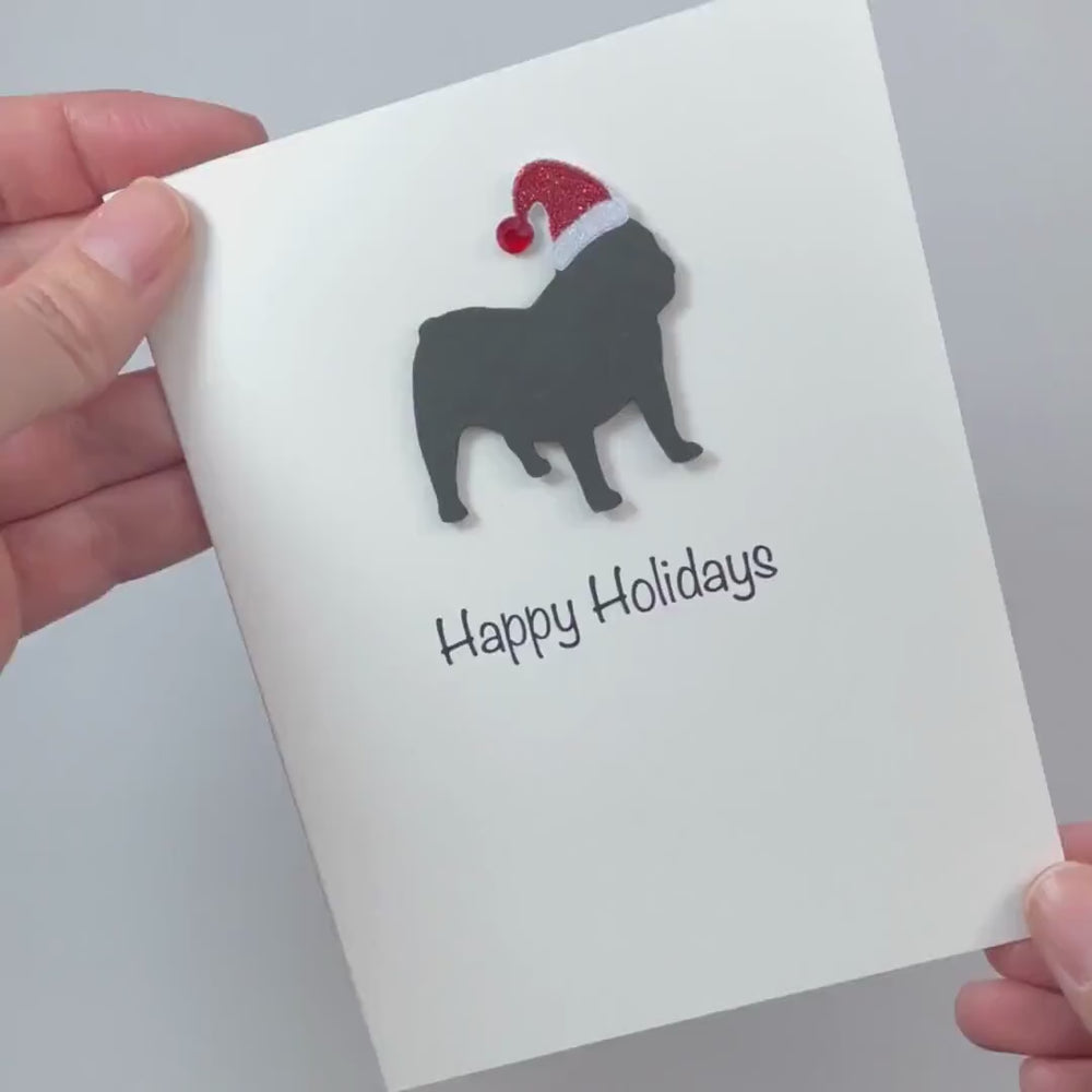 Bulldog English Christmas Cards Pack of 10 White Base | Handmade Dog Holiday Notecard Set | Sparkly Santa Hat Greeting Boxed Set