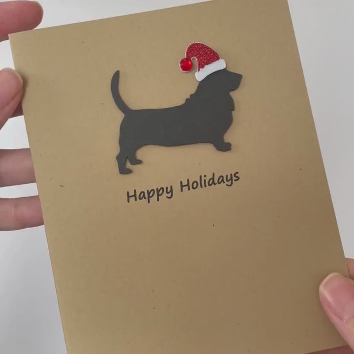 Basset Hound Christmas Cards Pack of 10 | Handmade Black Dog Silhouette Holiday | Sparkly Santa Hat Pet Notecards Kraft Brown