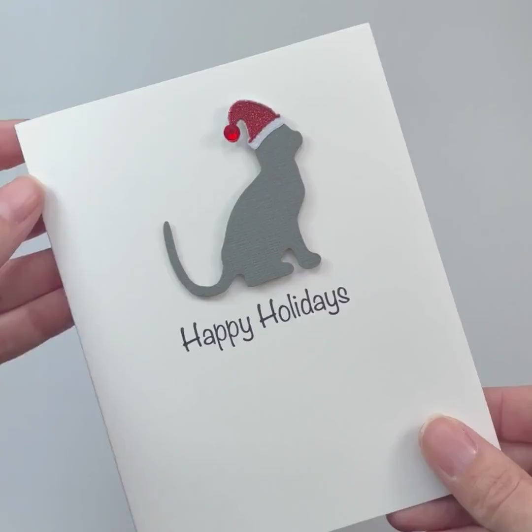 Gray Cat Christmas Cards Pack of 10 White Base | Handmade Kitty Holiday Notecard Set | Sparkly Santa Hat Pet Greeting with Envelopes