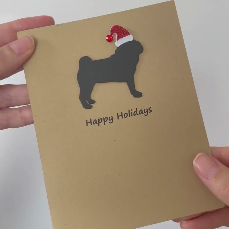 Pug Christmas Cards Pack of 10 | Handmade Black Dog Silhouette Holiday | Sparkly Santa Hat Pet Notecards Kraft Brown