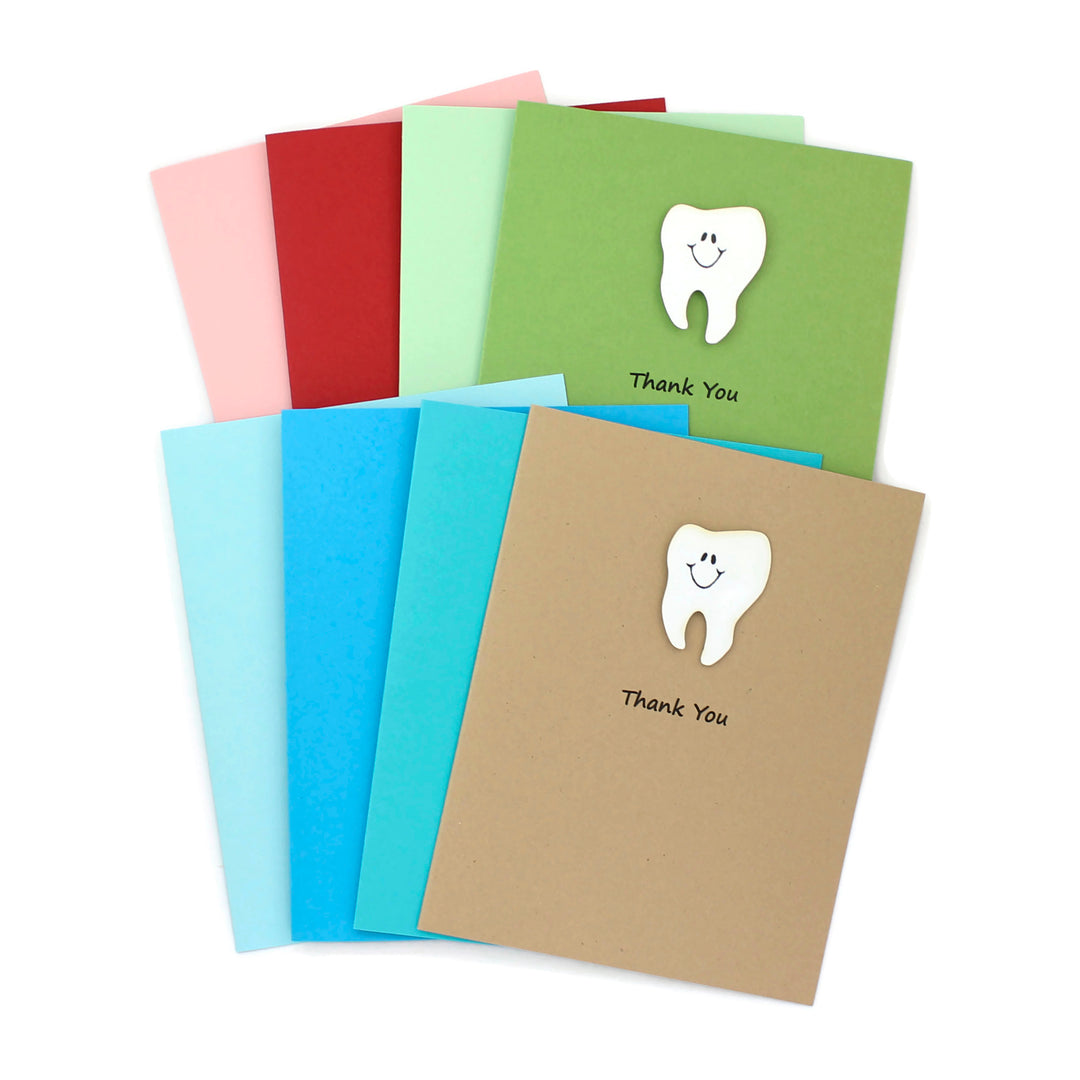 Tooth Thank You Notecard | Handmade Dentist Greeting Cards | Tooth with Smile | Single or 10 Pack | Choose Front and Inside Phrases