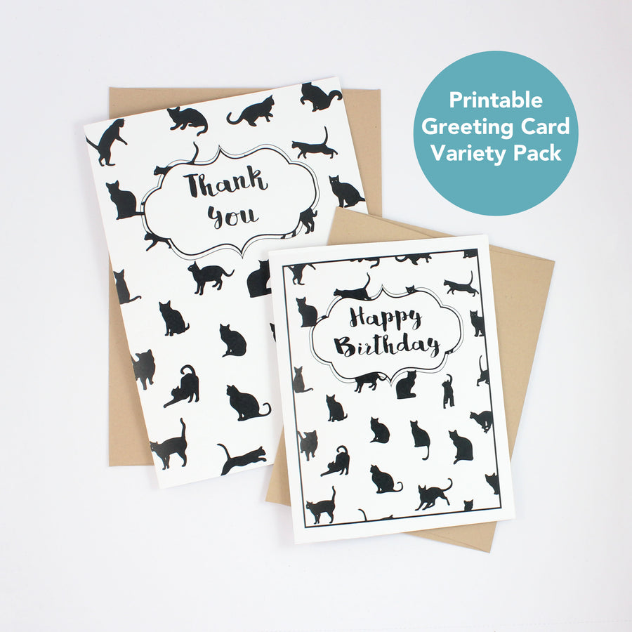 Cat Lover Printable Everyday Greeting Card Pack | A2 & A7 sizes | Inside Phrases - Embellish by Jackie