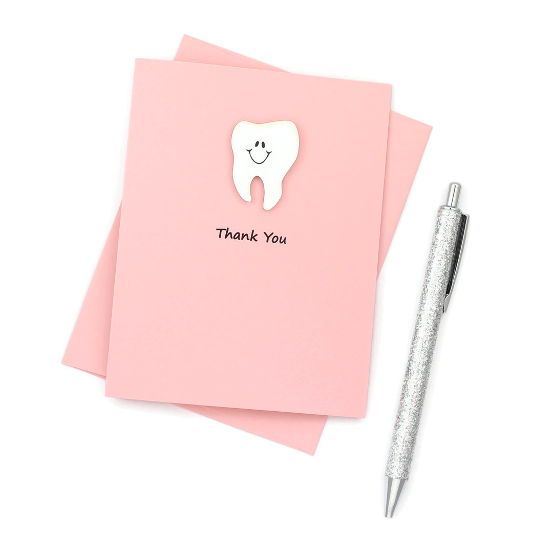 Tooth Thank You Notecard | Handmade Dentist Greeting Cards | Tooth with Smile | Single or 10 Pack | Choose Front and Inside Phrases