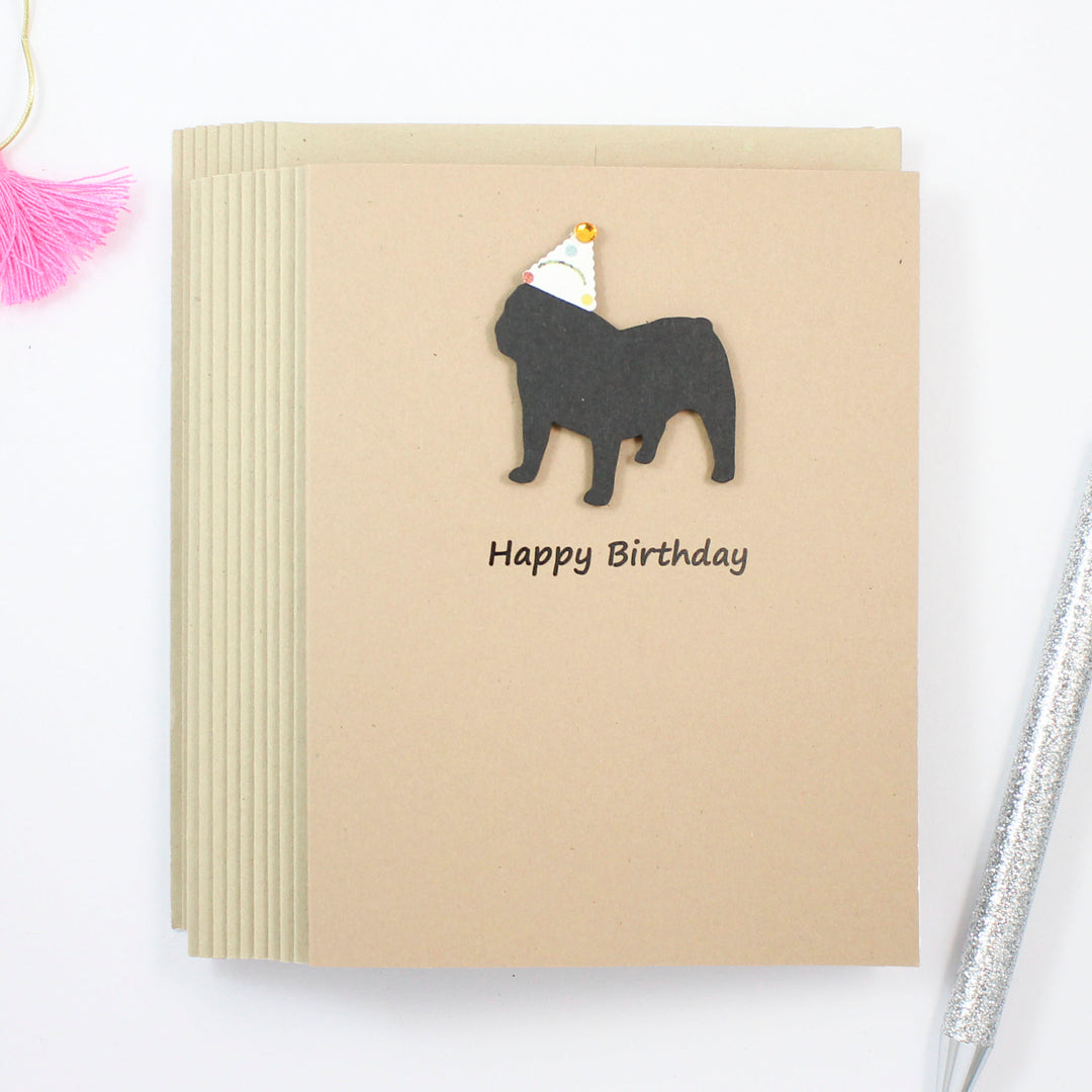 Bulldog Birthday Card | Handmade Black Dog Greeting Cards | Single or 10 Pack | Choose Inside Phrase - Embellish by Jackie