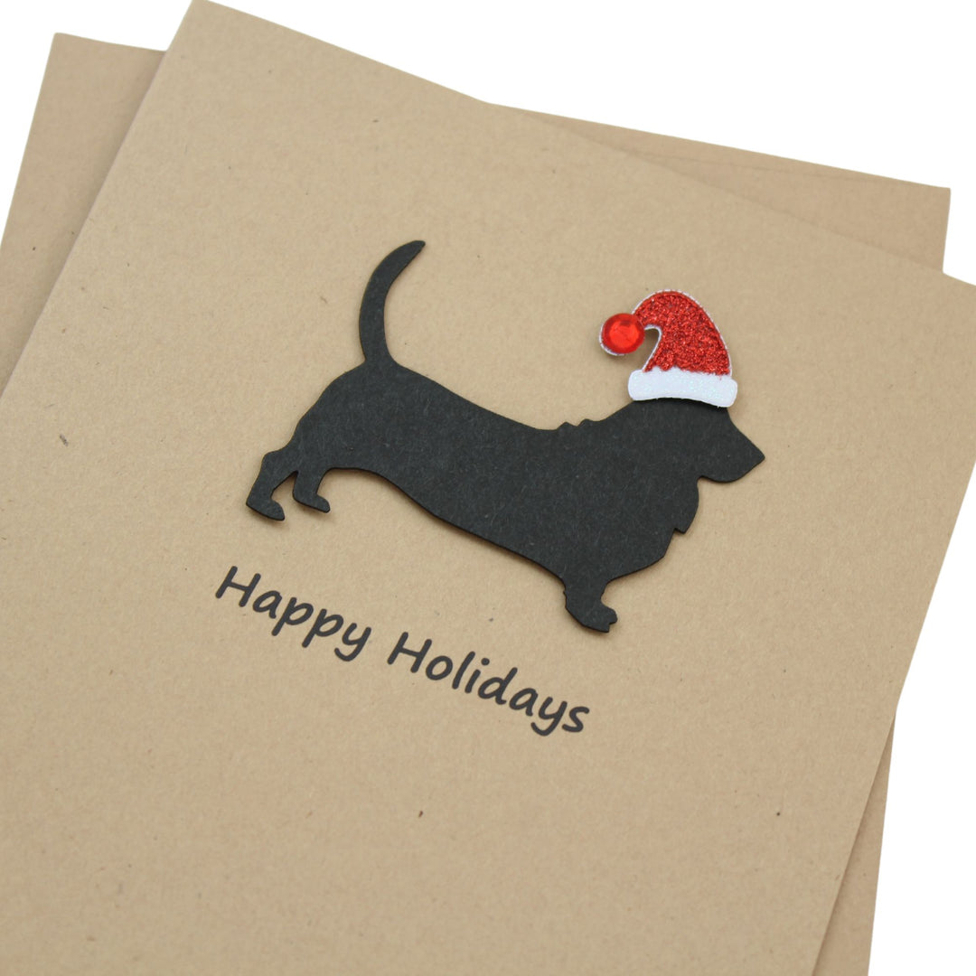 Basset Hound Christmas Card | Single or Pack of 10 | 25 Dog Colors | Choose Phrases | Santa Hat